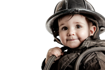 Adorable baby in firefighter costume with helmet holding a hose, studio shot on white background, showcasing bravery and innocence.