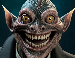 Close-up portrait of a grinning creature with large ears