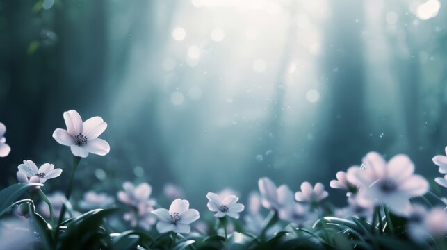 Serene forest glade bathed in magical mist, delicate flowers blooming under hazy light, a fairy-tale vibe with gentle, dreamlike colors