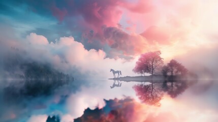 Obraz premium Mystical landscape of a serene lake, shrouded in magical mist, with mythical creatures like unicorns and fairies, calm waters reflecting an airy sky