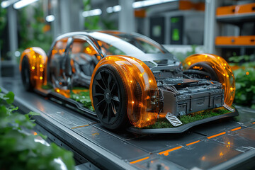 Futuristic electric vehicle in wireframe concept, EV car in futuristic vehicle concept. 