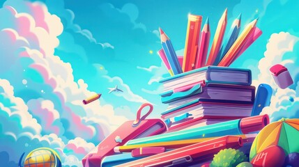Obraz premium High quality cartoon vector background Stacked notebooks, pens and pencils and the sky