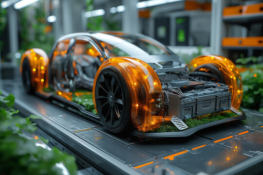 Futuristic electric vehicle in wireframe concept, EV car in futuristic vehicle concept. 