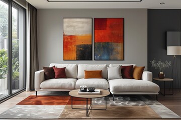 Minimalist living space with a coffee table geometric rug and sleek sofa neutral tones natural light digital painting