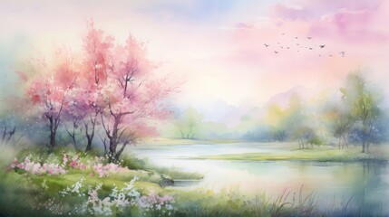 Soft pastel watercolor background suggesting a serene spring landscape with gentle gradients