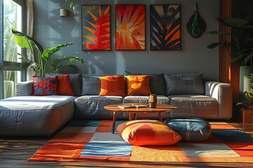 Minimalist living space with a coffee table geometric rug and sleek sofa neutral tones natural light digital painting