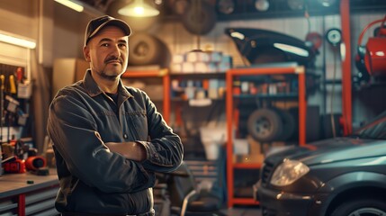 Obraz premium A confident mechanic standing in an auto repair shop, with tools and a car in the background, showcasing expertise and professionalism.