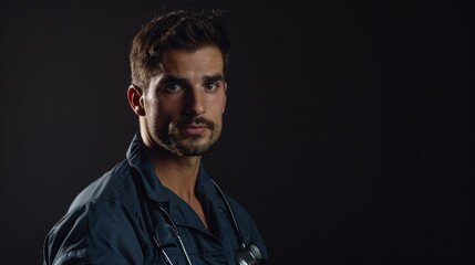 Obraz premium Portrait of a handsome young bearded caucasian man with blue eyes in denim apron over a black background.