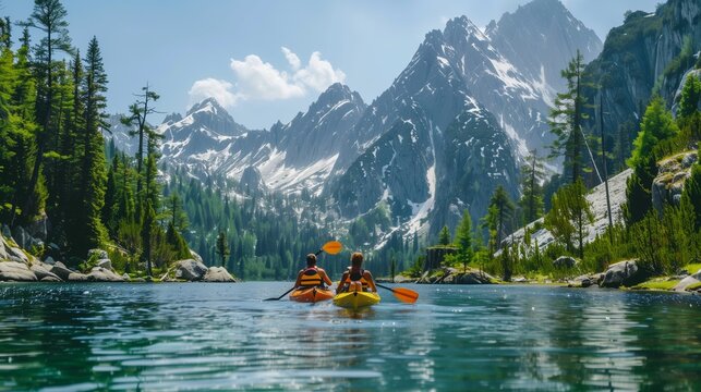 A couple enjoys kayaking on a serene mountain lake surrounded by majestic peaks and lush forests, embracing nature and adventure.