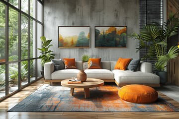 Minimalist living space with a coffee table geometric rug and sleek sofa neutral tones natural light digital painting