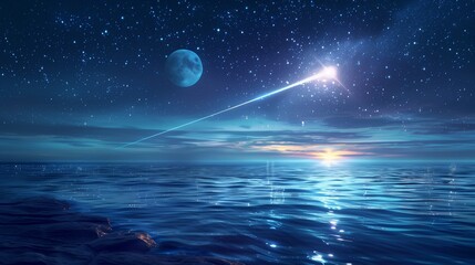 A mesmerizing night scene with a shooting star streaking across the sky, illuminating the ocean below, under the serene light of the moon.