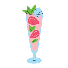 Vibrant vector illustration of a refreshing strawberry mocktail with ice cubes and mint garnish in a tall glass. Trendy summer drink for parties, tropical lemonade. Flat cartoon style