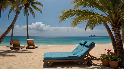 Fototapeta premium A tropical beach landscape with a sun lounger by the sea.