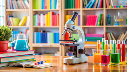 Colorful microscope and science equipment on a desk surrounded by books and colorful papers, emphasizing STEM education for young girls.