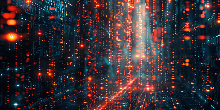 A high-tech digital matrix with glowing green and red code, creating a futuristic and cyberpunk aesthetic. This abstract design immerses viewers in a virtual, sci-fi digital landscape.