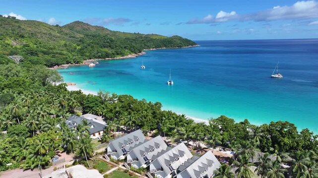 Anse Lazio At Praslin Island In Victoria Seychelles. Indian Ocean Beach. Africa Background. Praslin Island At Victoria. Tourism Landscape. Nature Seascape. Outdoors Travel.