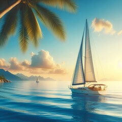 Fototapeta premium A serene sailboat glides over calm blue ocean waters under a clear sky, ideal for summer vacation relaxation.