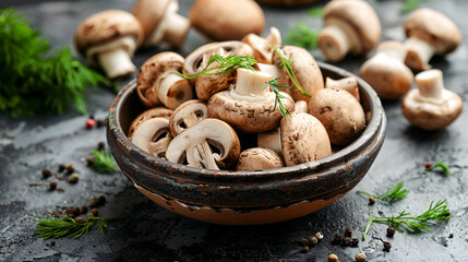 Fototapeta premium Mixed mushrooms arranged in a rustic bowl, set in a natural environment, showcasing their detailed texture