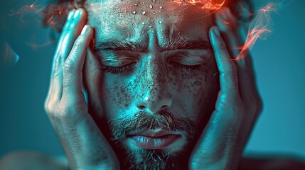 distressed man, eyes closed, hands on his head.Mental illness awareness week.