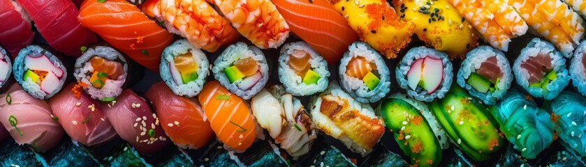 Vibrant Japanese Sushi Roll Artistry in Cool Tones - Fresh and Artistic Digital Rendering