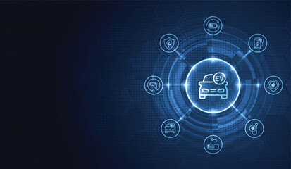 EV. Electric car connect with icons technology digital circuit on blue background. Eco power, EV charger, alternative energy, rechargeable battery, auto industry, future technology. vector.