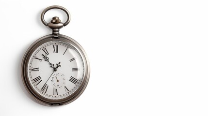Vintage pocket watch with ornate Roman numerals, isolated on a blank background, ideal for text addition
