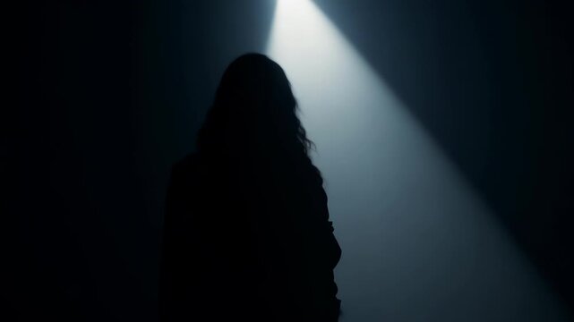 Silhouette of person standing in intense spotlight against pitch-black background. Long shadow stretches behind, creating stark contrast. 