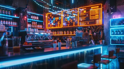 A futuristic coffee shop with holographic menus and neon seating, serving bioluminescent lattes style