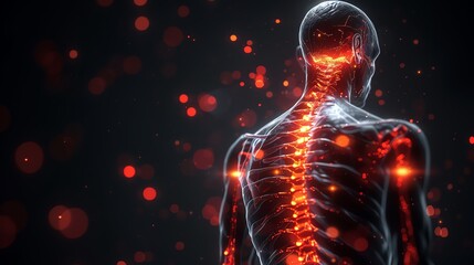 illustration of a glowing skeletal figure with a prominent spine, set against a dark background with red orbs.