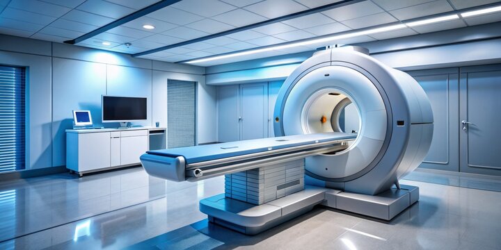 Sleek, modern gamma camera technology with advanced detectors and precision machinery for high-resolution nuclear medicine imaging in a sterile laboratory environment.