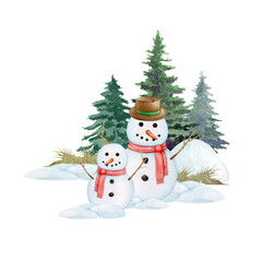 Funny snowman on snowy ground with fir trees. Vintage style illustration. Winter season outdoors scene. Smiling two snowman in winter forest scene. Traditional winter season snow decoration