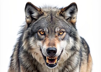 Obraz premium Fierce and intimidating grey wolf with sharp teeth and glowing eyes, fur standing on end, growls menacingly, isolated on a clean white studio background.