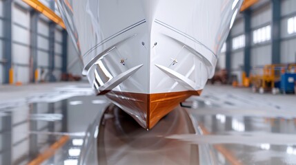 Detailed image of a boat hull being coated with epoxy resin, layers providing a durable and shiny finish, sealant ensuring full coverage and protection
