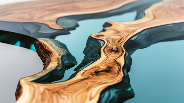 Detail of a river table with clear epoxy resin, fluid motion preserving the wood's intricate details, glossy finish, stunning blend of natural and synthetic