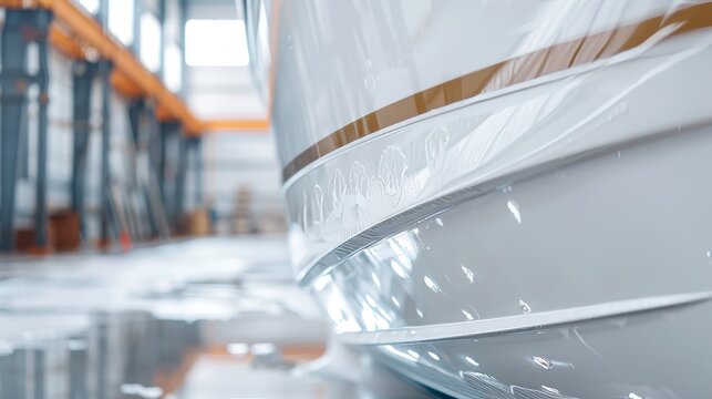 Detailed image of a boat hull being coated with epoxy resin, layers providing a durable and shiny finish, sealant ensuring full coverage and protection