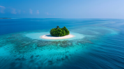 Drone photo of a small island, coral reef visible underwater, tropical paradise. Generative AI illustration 