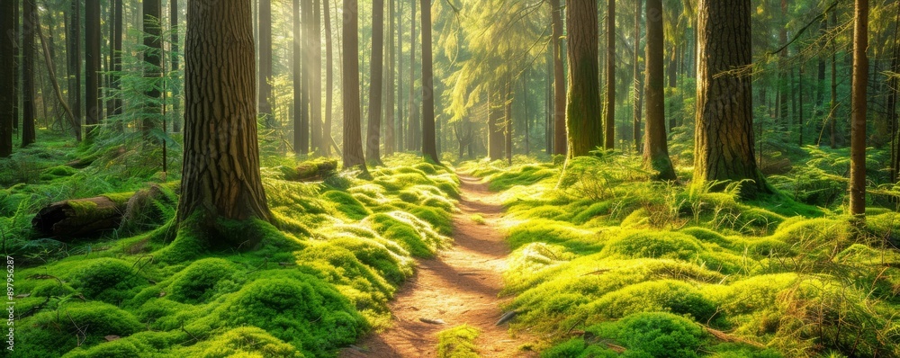 Poster Forest path surrounded by lush moss and tall trees, sunlight filtering through the canopy. Nature serenity and tranquility concept