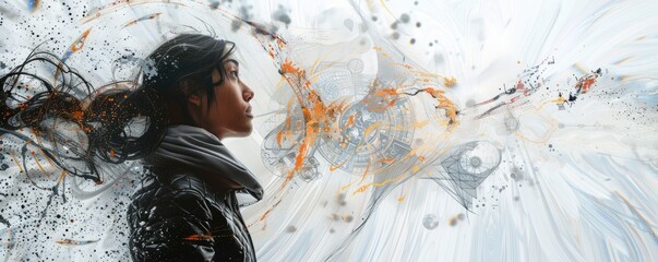 Woman engages with a high-tech digital screen, showcasing futuristic technology