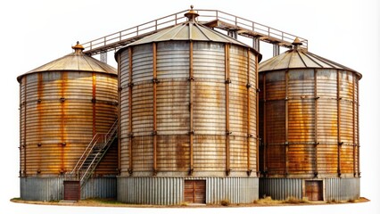 Isolated on a white background, a large, rusty, cylindrical agricultural silo with intricate ladders and vents stands alone, symbolizing rural storage and farming heritage.