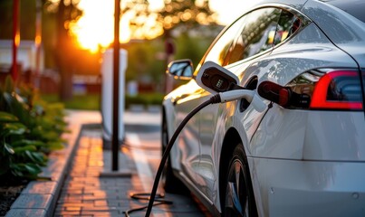 A modern electric car is parked on the street while charging at a station in bright sunlight, symbolizing sustainable transportation..