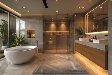Modern bathroom with a freestanding bathtub minimalist fixtures and large mirror bright lighting clean lines digital rendering