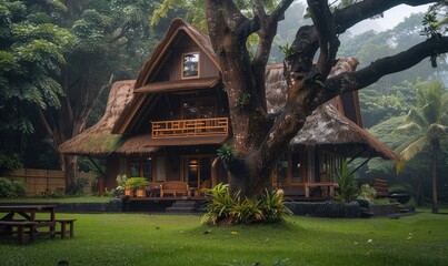 A cozy thatched-roof house surrounded by well-kept greenery, with large trees and a peaceful, serene environment