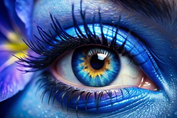 Fototapeta premium Intense blue iris with intricate details and delicate eyelashes surrounded by smooth skin, capturing the beauty of a single eye in extreme close-up.