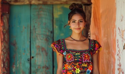 Fototapeta premium beautiful and colorful mexican embroidered dress, simple beautiful photography, realistic photography --ar 5:3 Job ID: 9ea274d9-fbe5-4667-b4b4-50b39ff7ae5d