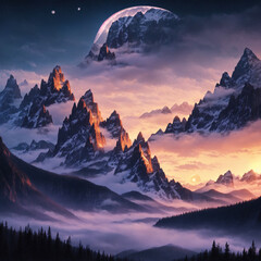 moonlight sunrise in the mountains
