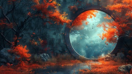 Fototapeta premium Haunting Autumn Mirror Reflection in Stained Glass Fantasy Landscape
