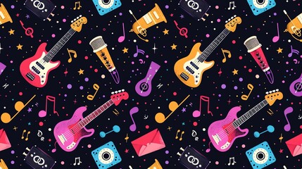 Colorful Music Seamless Pattern with Guitars and Music Notes.