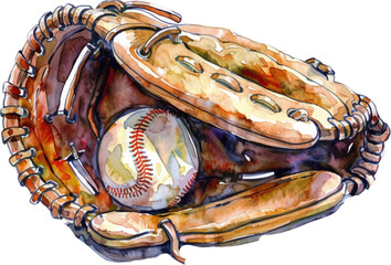 Watercolor baseball glove and ball isolated on a white background,