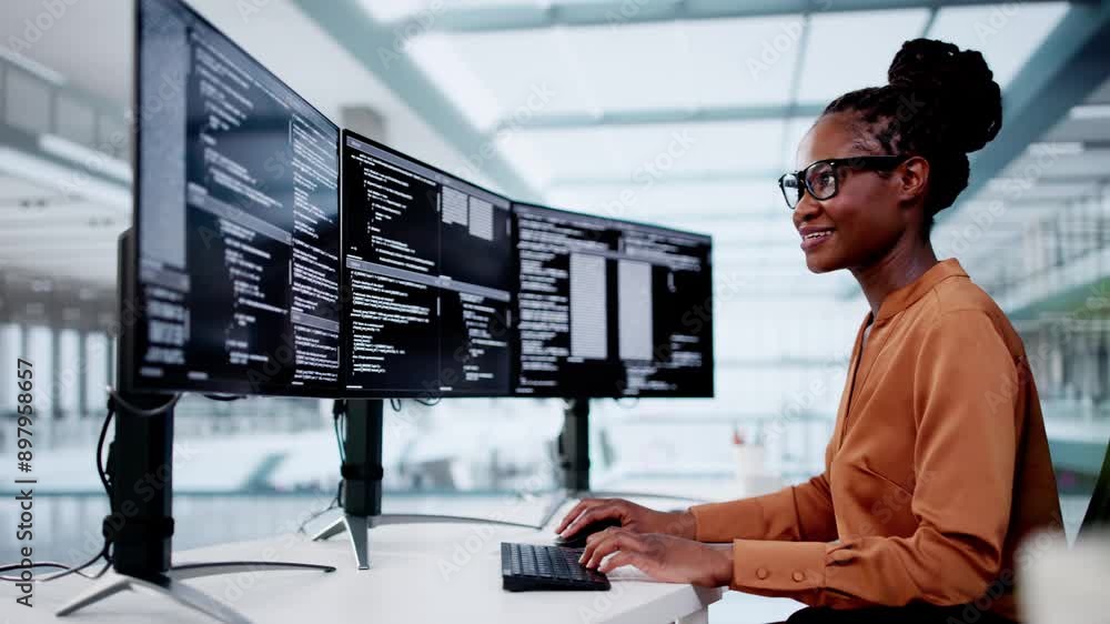 Fototapete Software Programmer Or Coder Woman Using Office Computer