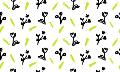 Minimalistic hand drawn Floral Pattern. Gouache drawn Flowers in Scribble style. Childish drawing. Hand draws swirls. Curly brush strokes, marker scrawls as graphic design elements set